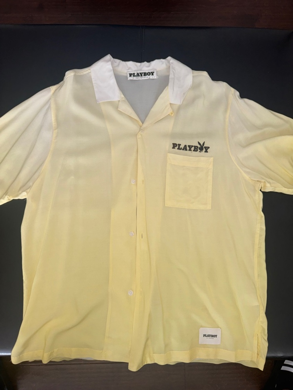 PLAYBOY Pale Yellow Short-Sleeve Button-Up Shirt with White Collar
